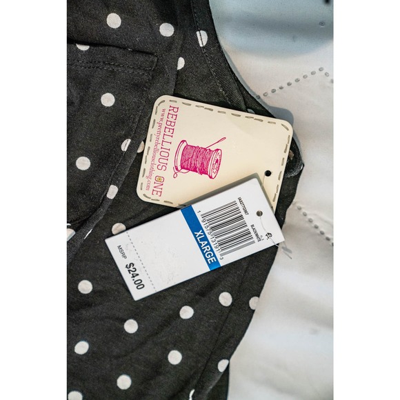 Rebellious One Polka-Dot Printed Tie-Front Tank Top, Black, Sz XL - Picture 3 of 5